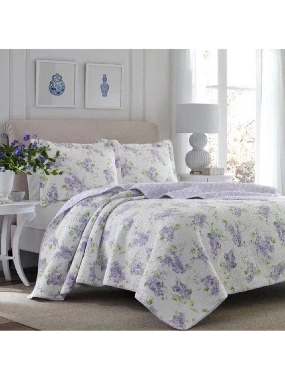 Laura Ashley Keighley Full/Queen Purple Floral Reversible 3 Pc Quilt Set NWT